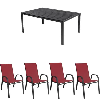 Produktbild von Essgruppe Set Alu Tisch 5-tlg. 4x Stapelsessel Gartenmöbel Sitzgruppe Gartenset burgundrot