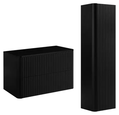 Zdjęcie produktu dla Zestaw mebli łazienkowych, szafka 80 cm z blatem i wysoka szafka, kolor czarny, wymiary: 80,80 x 48,4 x 44,2 cm
