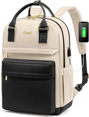 Produktbild von 15,6 Zoll Laptop Rucksack Damen Wasserdicht USB Schwarz Beige