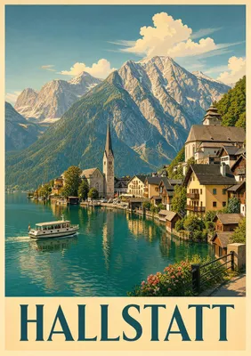 Produktbild von Hallstätter See Vintage Poster DIN A2 – österreichisches Seemotiv mit Alpenpanorama, matt auf Ilford Papier gedruckt