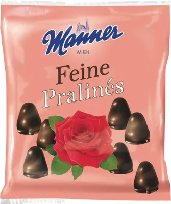 A bag of Manner Feine Pralinés chocolates with a rose illustration.