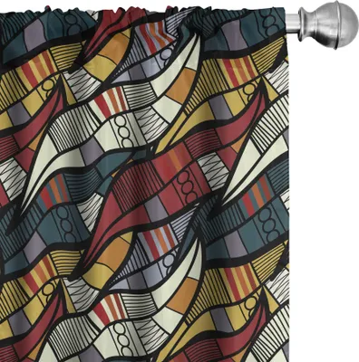Produktbild von ABAKUHAUS afrikanisch Vorhänge, Gardinen, Diagonale abstrakte Blätter mit Kreisen Chevrons zeichnet traditionelles Kulturerbe, 2 Stück 75 x 225 cm, Mehrfarbig