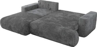 A dark gray corduroy sectional sofa is shown from a side-angle against a white background.