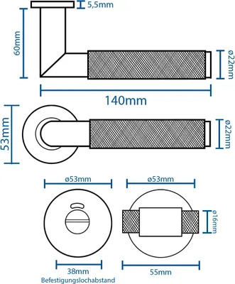 Immagine prodotto di Set di rosette in acciaio inox - maniglia a leva con superficie strutturata WC standard DIN