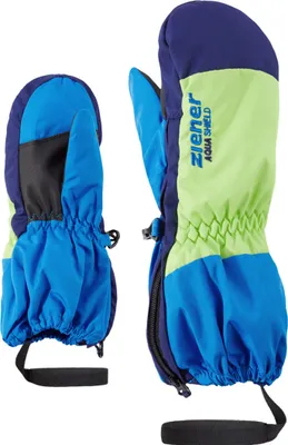 Two children's mittens are displayed against a white background. One mitten is shown from the side, and the other is shown from the front.