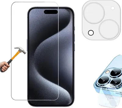 A product image showing a smartphone screen protector and camera lens protector, along with a hammer demonstrating durability.