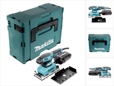 A collage of images showing a Makita orbital sander and its storage case.