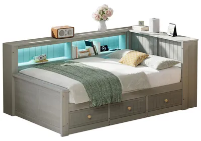 Produktbild von Stauraumbett, 90x200cm, Schlafsofa mit LED-Beleuchtung, Lattenrost, Schubladen, Regal, Steckdose, USB/Type-C, Holzbett, Jugendbett, Einzelbett