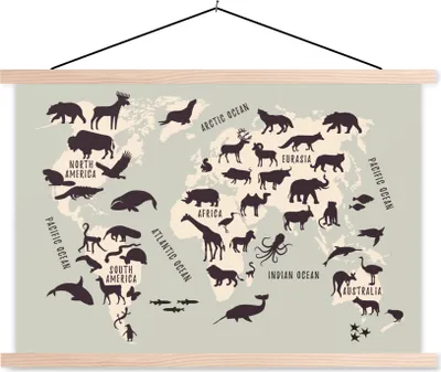 Produktbild von MuchoWow® Textilposter Weltkarte - Kinder - Grau 120x80 cm mit holzfarbenen Rahmen - Aufhängeset