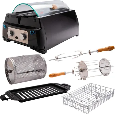 Produktbild von MediaShop Rotisserie Chef Indoor Tischgrill aus Glas für Grillhähnchen, Steaks, Burger, Fisch, Gemüse – rauchfrei, mit Grillstreifen