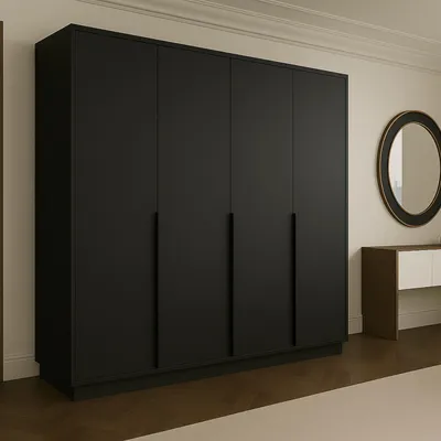 Zdjęcie produktu dla Duża szafa 4-drzwiowa LIZA otwierana 200cm czarna, w komplecie z półkami, drążkiem i uchwytem czarnym lub złotym, modny design