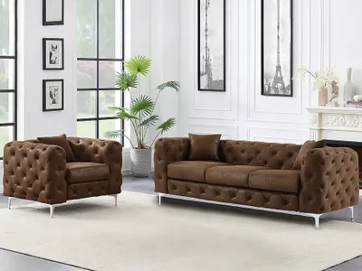 Produktbild von EDWINA 3-Sitzer-Sofa und Chesterfield-Sessel aus Mikrofaser mit gealterter Lederoptik