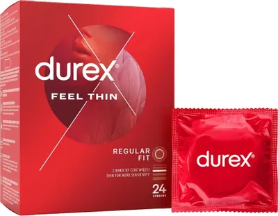 A box of Durex Feel Thin condoms and one individual condom packet.