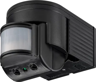 Immagine prodotto di Goobay 96001 Rilevatore di movimento a infrarossi, nero - per montaggio a parete, rilevamento a 180°, portata 12 m, per uso esterno (IP44), compatibile con LED