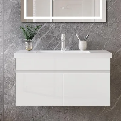 Produktbild von 80cm Keramik Waschtisch mit Unterschrank Badmöbel Set mit Türs Soft-close - Hochglanz Weiß