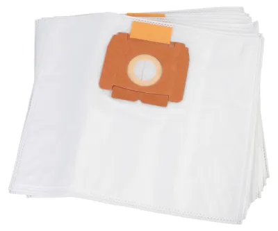 A stack of white vacuum cleaner bags with a brown and orange connector piece on the top bag.