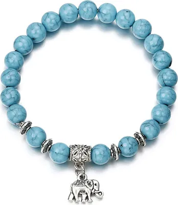 Produktbild von Ethnisches Damen-Armband mit Elefanten-Anhänger, Kunsttürkis, Perlenarmband, elastischer Armreif, Geschenk