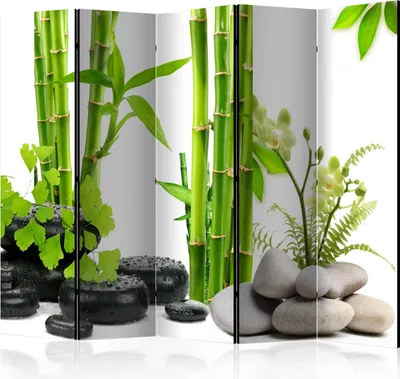 Produktbild von 5-teiliger Einseitiger Vlies Paravent - Bamboos and Stones II 225x172 cm Orient b-C-0230-z-c