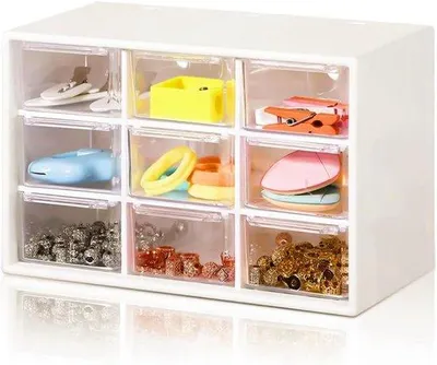 Obrázek produktu pro Plastová organizérská krabička s přihrádkami – na šperky, kosmetiku, kancelářské potřeby, 9 přihrádek, bílá/průhledná