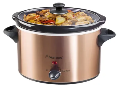 Produktbild von Bestron Slowcooker für 4 Personen, Schongarer mit Keramikpfanne & Glasdeckel, 3 Stufen-Thermostat, ideal für viele Gerichte wie Fleisch, Suppen & Gemüse, 3.5 Liter, Copper Collection, Farbe: Kupfer
