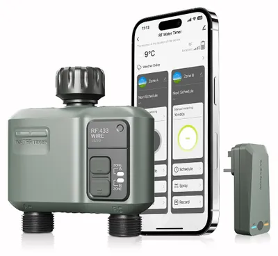 Produktbild von HCT-636 Smart Bewässerungscomputer, RF433 Funk-Wasserzeitschaltuhr, 2 Ausgänge, App-Steuerung, 2 Zonen, programmierbar, Garten- und Rasenbewässerung