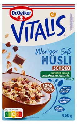 Immagine prodotto di Dr. Oetker 6523362001 Dr. Oetker VITALIS Schoko weniger süß Müsli 450,0 g, 1 St.