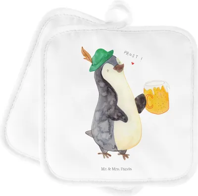 Produktbild von Mr. & Mrs. Panda Topflappen Pinguin Bier - Weiß - Geschenk, Kochlappen, , Feierabend, Topfuntersetzer, Set, Beschwippst, Ofenlappen, topfhalter