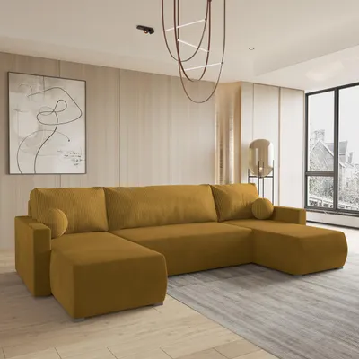 Produktbild von Masseno Ecksofa TESSUN mit Schlaffunktion U-Form, Sofa mit Bettkasten, Wohnzimmersofa, Couch, Soffa, Bettsofa, Couchgarnitur- Gelb, POSO 01 + KRONOS 01