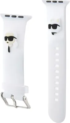 Two white Apple Watch straps are shown side-by-side against a white background. The strap on the left has a 3D depiction of Karl Lagerfeld's face with sunglasses and a tie. The strap on the right has a 3D depiction of Choupette, Karl Lagerfeld's cat, also 