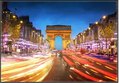 Produktbild von Wallario Wandbild Arc de triomphe in Paris bei Nacht, Größe: 70,30 x 100,30 cm, Poster mit schwarzem Aluminiumrahmen