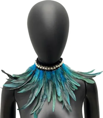 Produktbild von Kunstfederschal, Kunstperlendekor, weiches, verstellbares Schnürband, Retro-Gothic-Kragen, Cosplay-Party, Bühnenauftritt, Kunstfederkragen, Tänzerkostüm, Seeblau