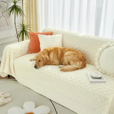 Obrázek produktu pro Easy Home Geometrický žakárový plyšový přehoz na pohovku – měkká deka na pohovku, deka na mazlení – krémová 180 x 180 cm