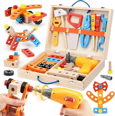 Produktbild von Werkzeugkasten für Kinder, 39-teilig, aus Holz, ab 3 Jahren, mit Werkzeugkoffer