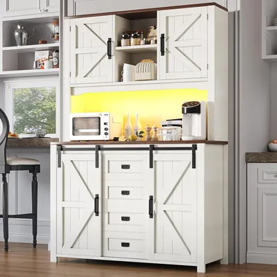 Image de Armoire de cuisine, buffet, dimensions 115x40x174,7 cm, avec portes coulissantes et éclairage LED, couleur blanche
