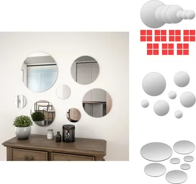 A collection of round mirrors of various sizes are arranged on a white wall above a wooden dresser. A potted plant and some decorative bottles are on the dresser.