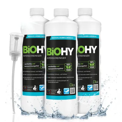 Produktbild von BiOHY Intensivreiniger Universal (3x1l Flasche) + Dosierer | Hochleistungs-INDUSTRIEREINIGER | Grundreiniger ideal für Hochdruckreiniger, schaumarm | Schmutzbrecher & Kraftreiniger