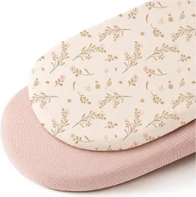 Zdjęcie produktu dla Prześcieradła do kołyski dla niemowląt - zestaw 2 sztuk - 80 x 40 cm - bawełniany muślin - prześcieradła na gumce, pasujące do wózków i łóżeczek dziecięcych - kolor różowy/biały