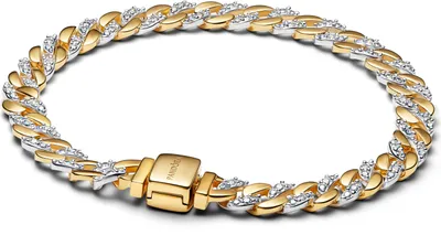 A close-up studio shot of a Pandora bracelet.