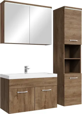 Produktbild von Badplaats Badmöbel Komplettset Paso LED 80 x 40 cm Braun Eiche - Badezimmermöbel mit Waschbecken, Spiegelschrank und Badezimmerschrank