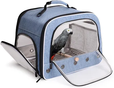 Vogeltransporttasche für große Papageien, blau, L, mit Metalleinsatz