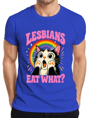 Immagine prodotto di Maglietta da uomo, blu, taglia 3XL, con scritta: "Lesbiche: Mangiano quello che sciocca la gatta", con tono sarcastico e riferimenti alla comunità LGBTQ+ e al Pride