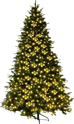 A decorated Christmas tree with lights on a white background.