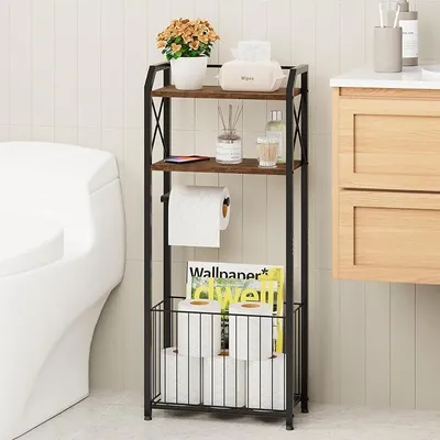 Produktbild von PolkaHome® Freistehender Toilettenpapierhalter 4-stöckig – Badorganizer mit Holzablagen und Korb, Toilettenrollenständer für Bad,