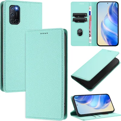 Produktbild von Litchi Leder Handyhülle für Oppo A52/A72/A92 4G Wallet Kartenfächer Standfunktion Hülle Türkis