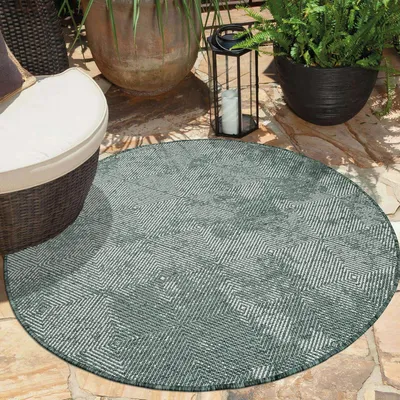 Produktbild von Teppich Outdoor Wetterfest - Grün - Wendeteppich - 120 cm Rund - Rauten-Muster