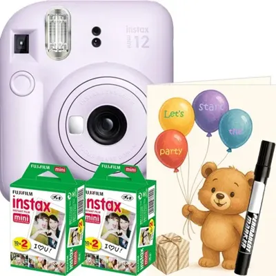 Image de Fujifilm Instax Mini 12 Party Pack Appareil photo instantané Violet - Kit événement comprenant 40 films, cartes de vœux & accessoires
