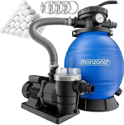 Produktbild von Sandfilteranlage SF96K 9.600L/h bis 30.000L Pool inkl Filterbällen 7 Wege Ventil 2in1 Adapter ?32-38mm 400W Filteranlage Pumpe Filterkessel