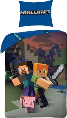 A Minecraft-themed duvet cover and pillowcase set featuring characters from the game.