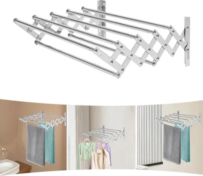 Image de Porte-linge mural - Séchoir à linge mural/porte-serviettes - Extensible 42-80 cm - 7 barres - Acier inoxydable - Pour la buanderie/salle de bain - Argenté