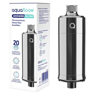 Obrázek produktu pro AquaFloow sprchový filtr stříbrný – 20stupňová filtrace, redukce vápníku a chlóru, univerzální 1/2″ – 1 kus